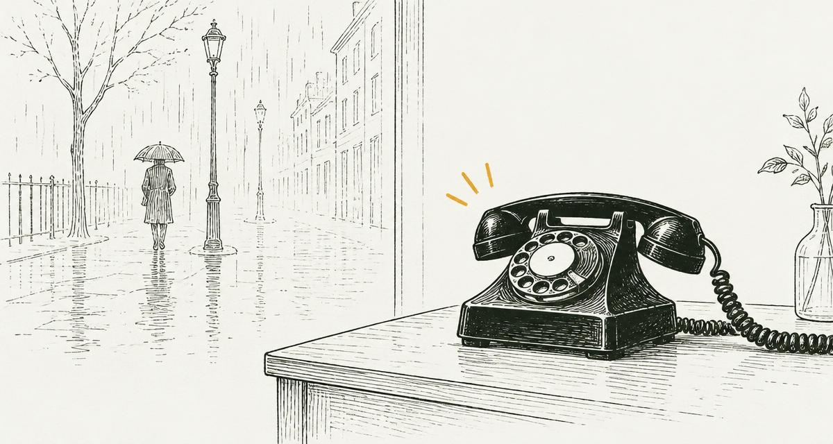 Ink drawing of a rainy street in the background and a ringing telephone on a table in front