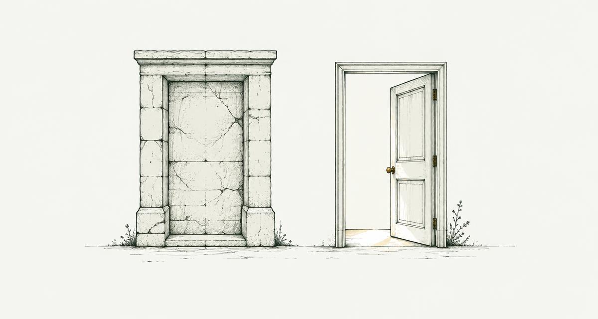 Ink drawing of a solid stone doorway next to a light wooden door swinging open