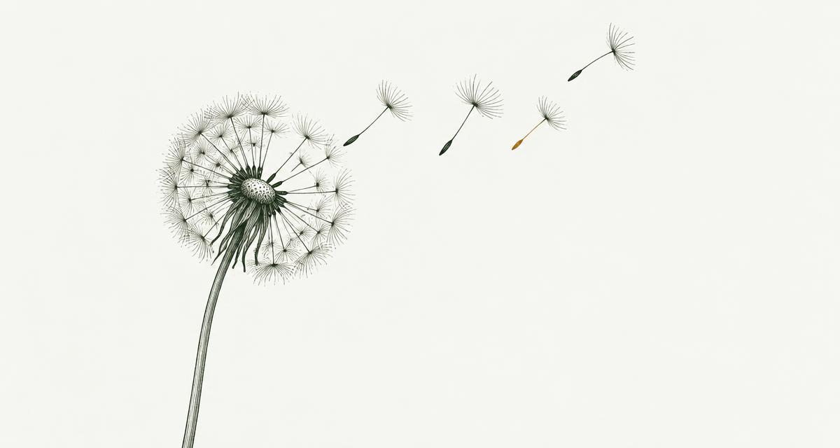 Ink drawing of a dandelion with seeds drifting away in the wind